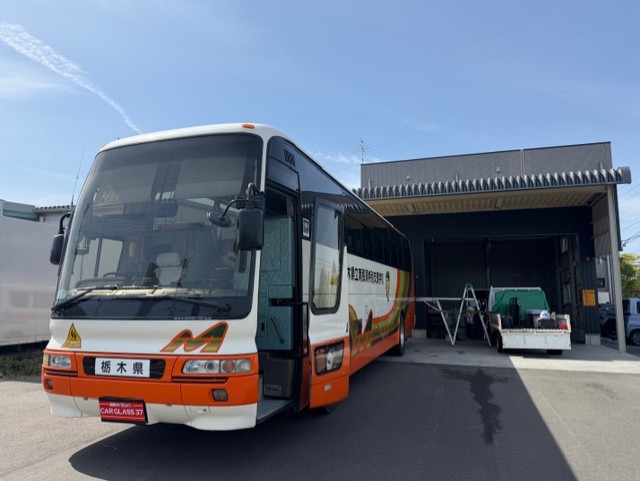 観光バスの超希少リアガラスを緊急作業